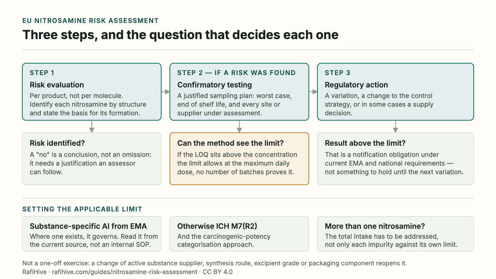The three steps of the EU nitrosamine exercise. Step 1 risk evaluation, decided by whether a risk is identified and justified; step 2 confirmatory testing, decided by whether the analytical method can see the applicable limit at the maximum daily dose; step 3 regulatory action, decided by whether a result exceeds the limit and triggers notification. Limits come from a substance-specific acceptable intake, otherwise ICH M7(R2) and the carcinogenic-potency categorisation.